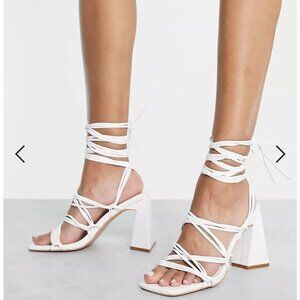 Simmi London Wide Fit Paris heeled sandals with ankle ties in white - size 8